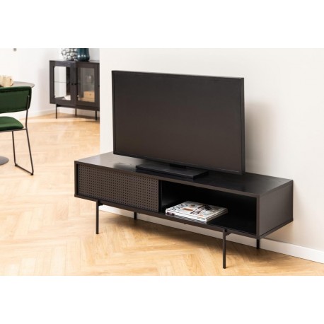 Angus TV-bord med 1 skydelåge - sort ask melamin og sort metal 140x40 cm