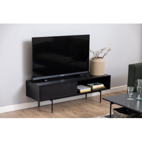 Angus TV-bord med 1 skydelåge - sort ask melamin og sort metal 140x40 cm