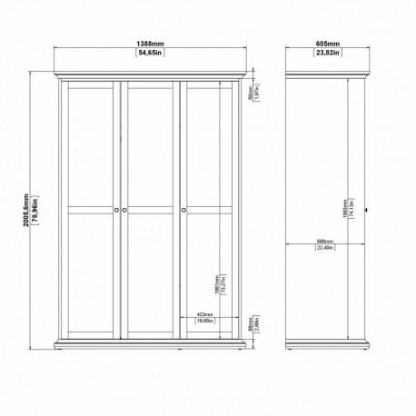 Bordeaux garderobeskab 138 cm 3 låger - Hvid