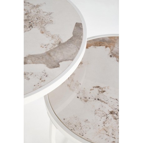 INES sæt af to sofaborde, Beige marmor / Hvid