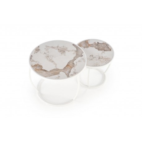 INES sæt af to sofaborde, Beige marmor / Hvid