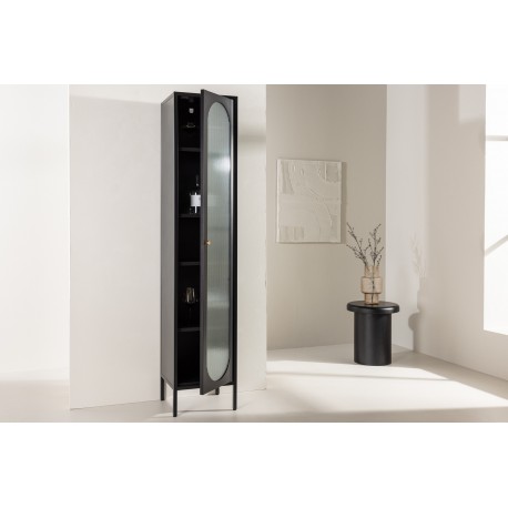 Cali Vitrineskab 37 x 180 cm med 1 låge og 4 hylder - glas og sort stål