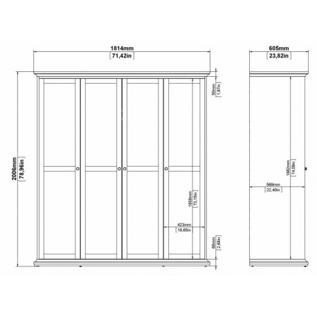 Bordeaux garderobeskab 181 cm 4 låger - Hvid