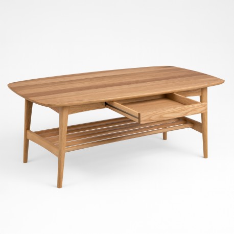 Anne rektangulær sofabord 130x70cm med skuffe og hylde - Eg oliebehandlet