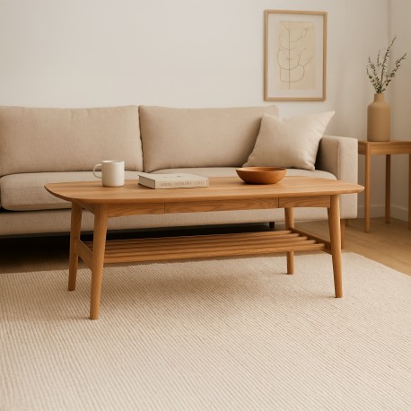 Anne rektangulær sofabord 130x70cm med skuffe og hylde - Eg oliebehandlet