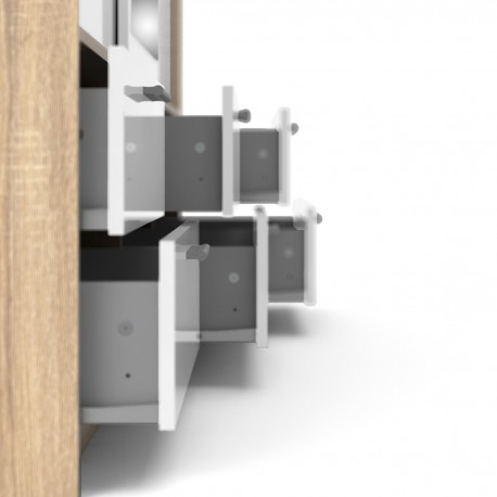 Line garderobeskab - egetræsstruktur/hvid højglans/spejlglas, m. 3 skydelåger og 6 skuffer