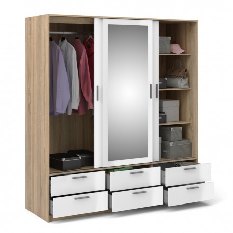 Line garderobeskab - egetræsstruktur/hvid højglans/spejlglas, m. 3 skydelåger og 6 skuffer