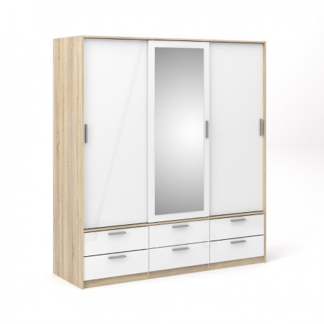 Line garderobeskab - egetræsstruktur/hvid højglans/spejlglas, m. 3 skydelåger og 6 skuffer