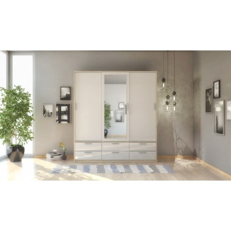 Line garderobeskab - egetræsstruktur/hvid højglans/spejlglas, m. 3 skydelåger og 6 skuffer