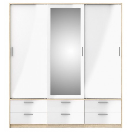 Line garderobeskab - egetræsstruktur/hvid højglans/spejlglas, m. 3 skydelåger og 6 skuffer