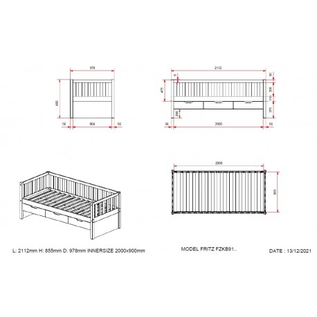 Seng med skuffer 90 x 200 cm – Fritz, hvid