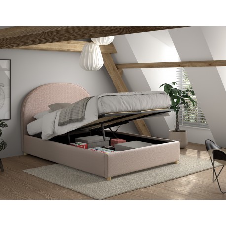 Seng med opbevaring Moon 140 x 200 cm – lyserød bouclé
