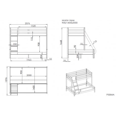 Køjeseng Pino Family 140×200 + 90×200 – grå