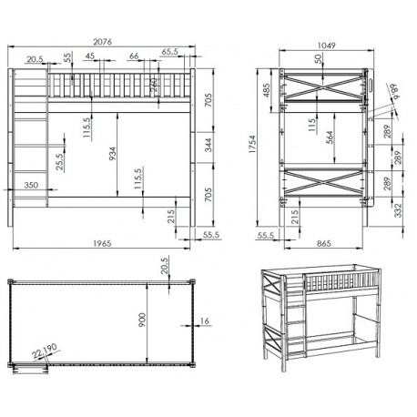 Køjeseng 90 x 200 cm – Scott, hvid