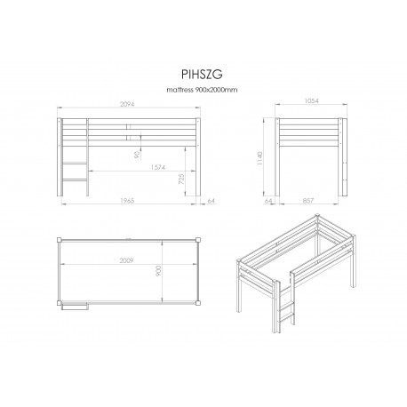 Loftseng Pino halvhøj 90 x 200 cm – grå