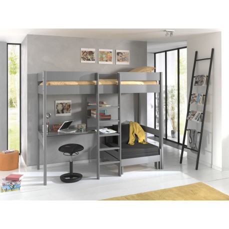 Loftseng med skrivebord og sovesofa – Pino 90 × 200 cm, grå