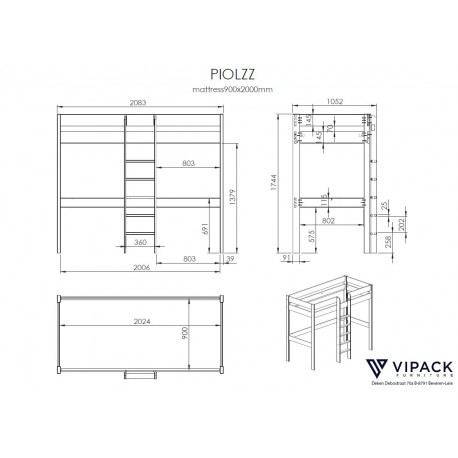 Loftseng med skrivebord og sovesofa – Pino 90 × 200 cm, grå