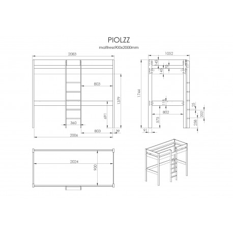Loftseng Pino 90 x 200 cm – grå