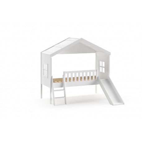 Halvhøj seng med rutsjebane 90 x 200 cm – Housebed, hvid