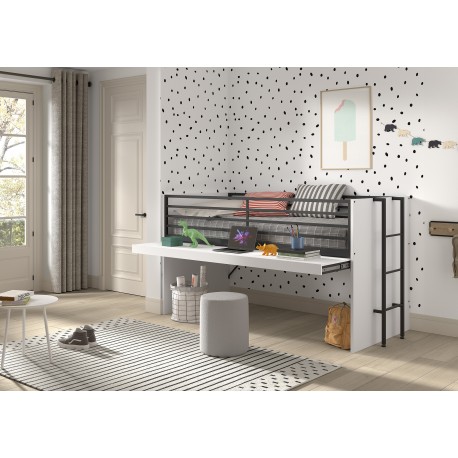 Loftseng til børn 90x200 – Sam halvhøj seng, hvid/sort