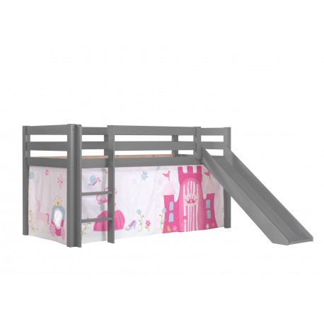 Halvhøj børneseng med rutsjebane – Pino, grå, Princess forhæng