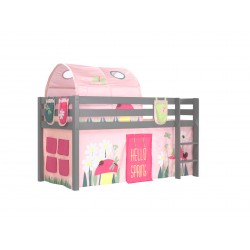 Halvhøj seng til børn PINO – grå med Spring gardin, tunnel og lommer