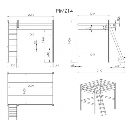 Køjeseng med hems og sovesofa Pino 140 x 200 cm – hvid