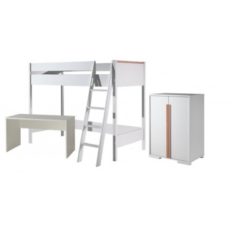 Høj juniorseng med skrivebord og garderobeskab – London sæt 90 × 200 cm, hvid