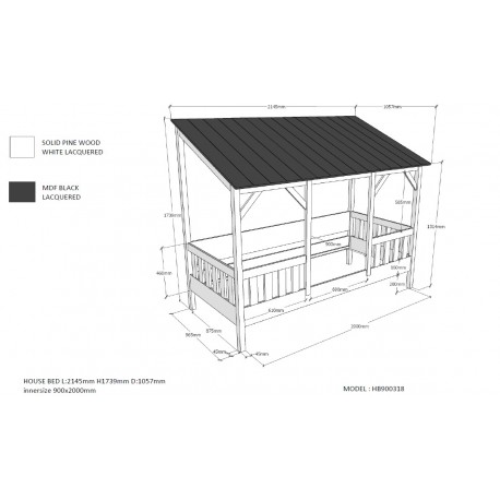 Børneseng hus med tag og skuffe 90×200 cm – hvid/sort