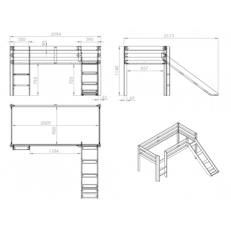 Halvhøj seng med rutsjebane – Pino, hvid, Astro tekstilsæt
