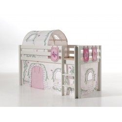 Halvhøj seng til børn – Pino Sæt, hvid med Birdy gardin, tunnel og lommer