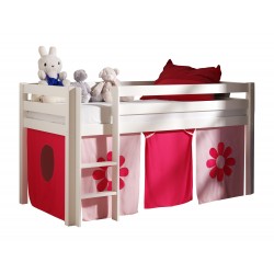 Halvhøj seng til børn Pino – hvid med Pink Flower gardin