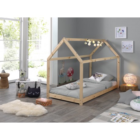 Børneseng husform 90 × 200 cm med madras – Natur (Cabane)