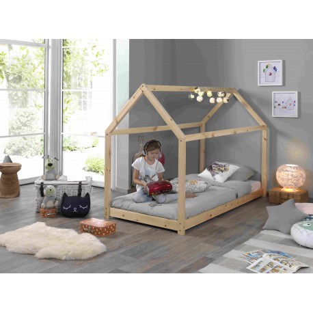 Børneseng husform 90 × 200 cm med madras – Natur (Cabane)