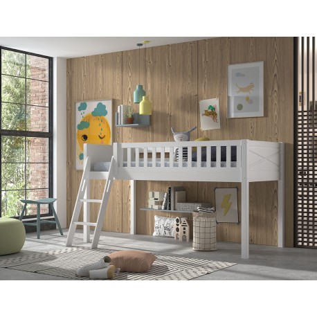 Halvhøj seng 90x200 med prinsesse-tekstil – Scott, hvid