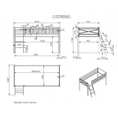 Halvhøj seng med forhæng 90 × 200 – Scott, hvid, PRINCESS