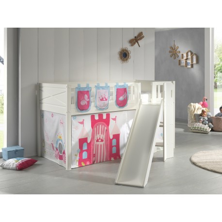 Halvhøj børneseng med rutsjebane 90×200 – Scott, hvid, PRINCESS tekstilsæt