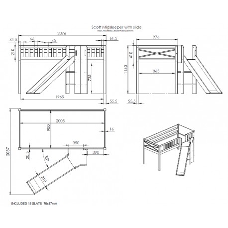 Halvhøj børneseng med rutsjebane 90×200 – Scott, hvid, PRINCESS tekstilsæt