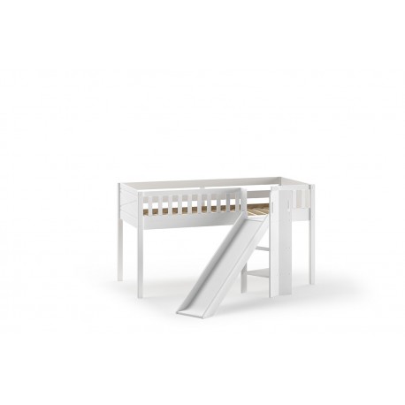 Halvhøj børneseng med rutsjebane 90×200 – Scott, hvid, PRINCESS tekstilsæt