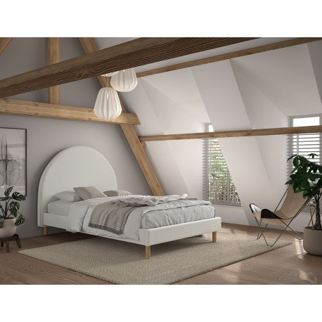 Seng med gavl 140 x 200 cm + 2 puffer – Moon, hvid bouclé