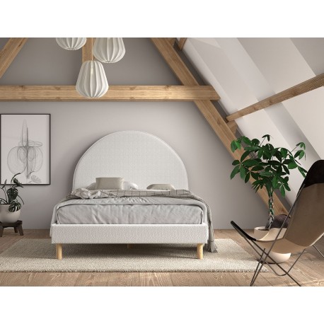 Seng med gavl 140 x 200 cm + 2 puffer – Moon, hvid bouclé