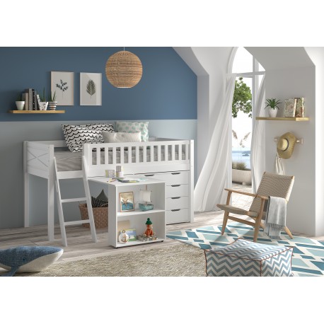 Halvhøj seng med skrivebord og kommode – Scott Sæt, hvid (90 × 200 cm)