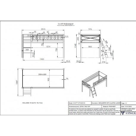 Halvhøj seng med skrivebord og kommode – Scott Sæt, hvid (90 × 200 cm)