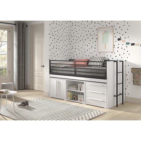 Halvhøj seng med opbevaring Sam sæt 90 × 200 cm – hvid