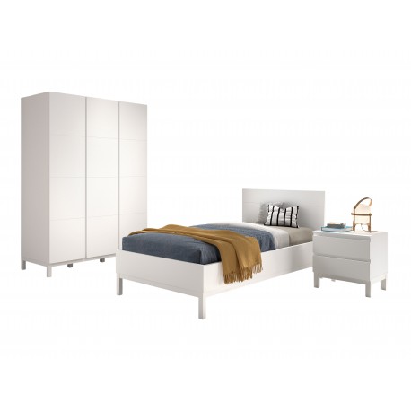 Børneværelses sæt i hvid – Eva seng 90 x 200 cm med natbord og 3-dørs garderobe