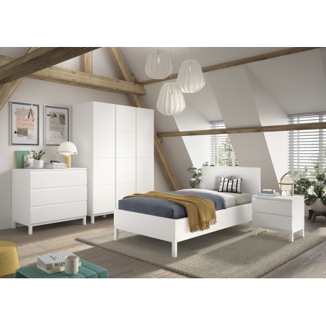 Børneværelsesæt Eva 90 x 200 cm – hvid seng, natbord, garderobeskab og kommode