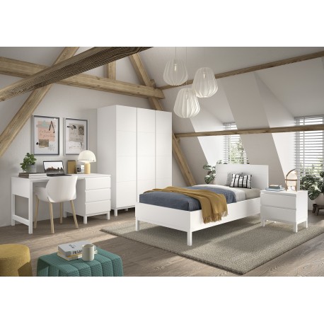 Børneværelses-sæt Eva 90 x 200 cm – hvid seng, garderobeskab, skrivebord og natbord