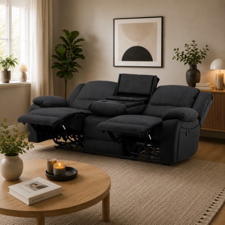 SINGAPORE 3 pers, recliner sofa med indbygget ammel - sort