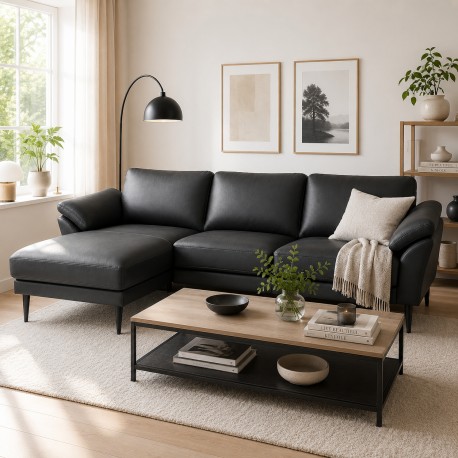 Hjort Knudsen Thyregod Chaiselongsofa Venstrevendt sort læder