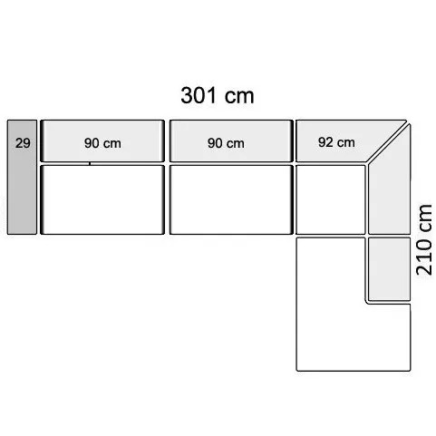 301 x 210 cm Højrevendt med 2 sæder